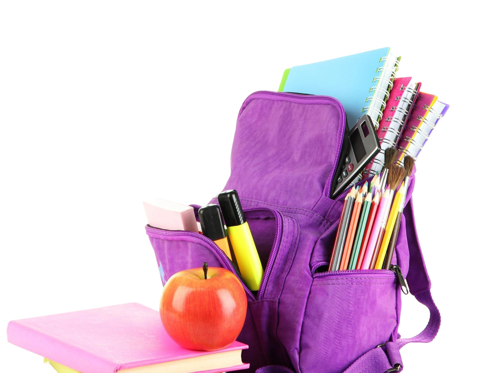 A purple backpack filled with notebooks, colored pencils, pens, and a smartphone sits next to stacked books and a red apple, with white concentric circles in the background.